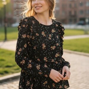 Loft: Black Floral Ruffle Long Sleeve Peplum Top